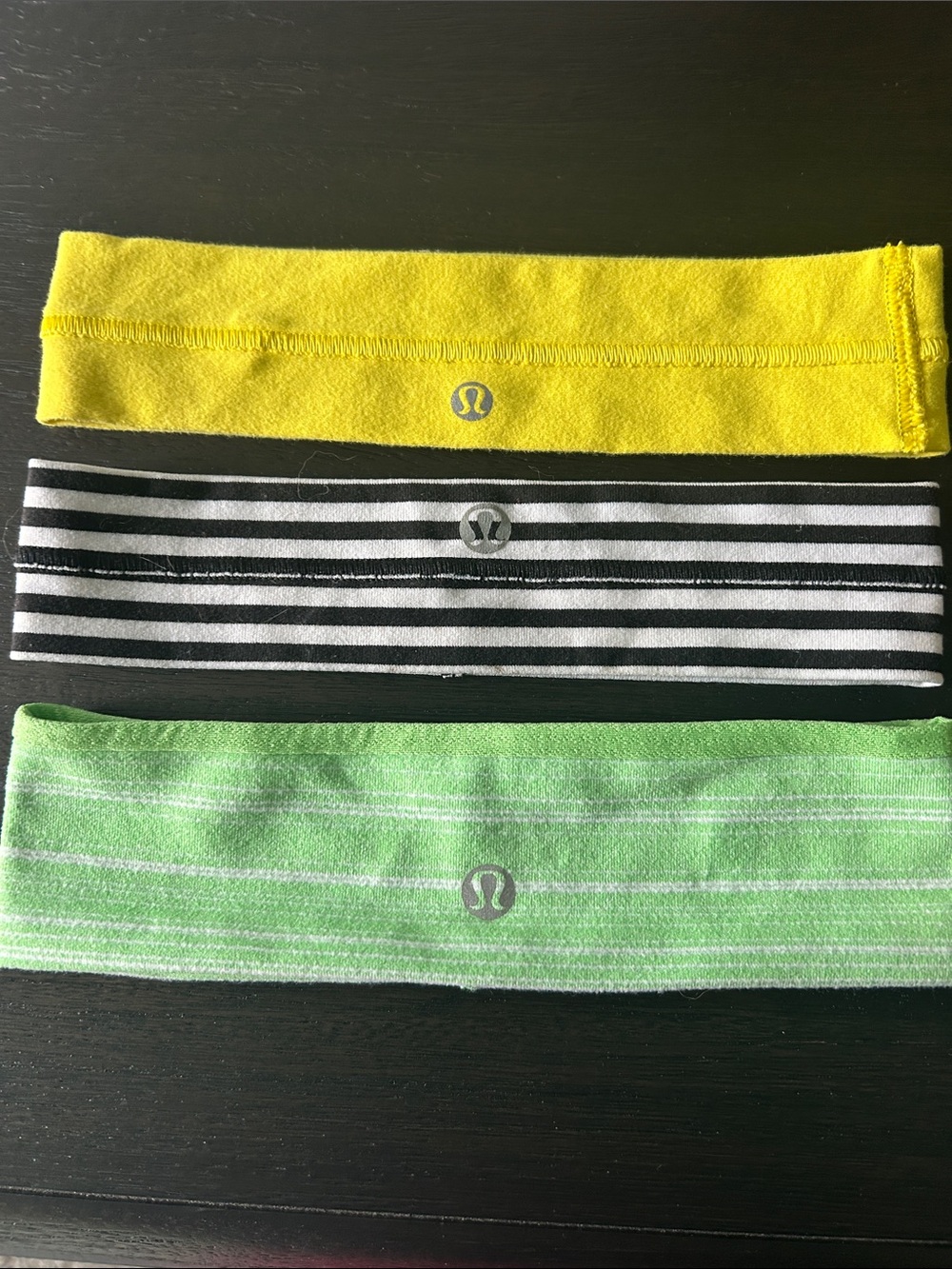 lululemon Yellow, Black/White Stripe, and Light Green Headbands